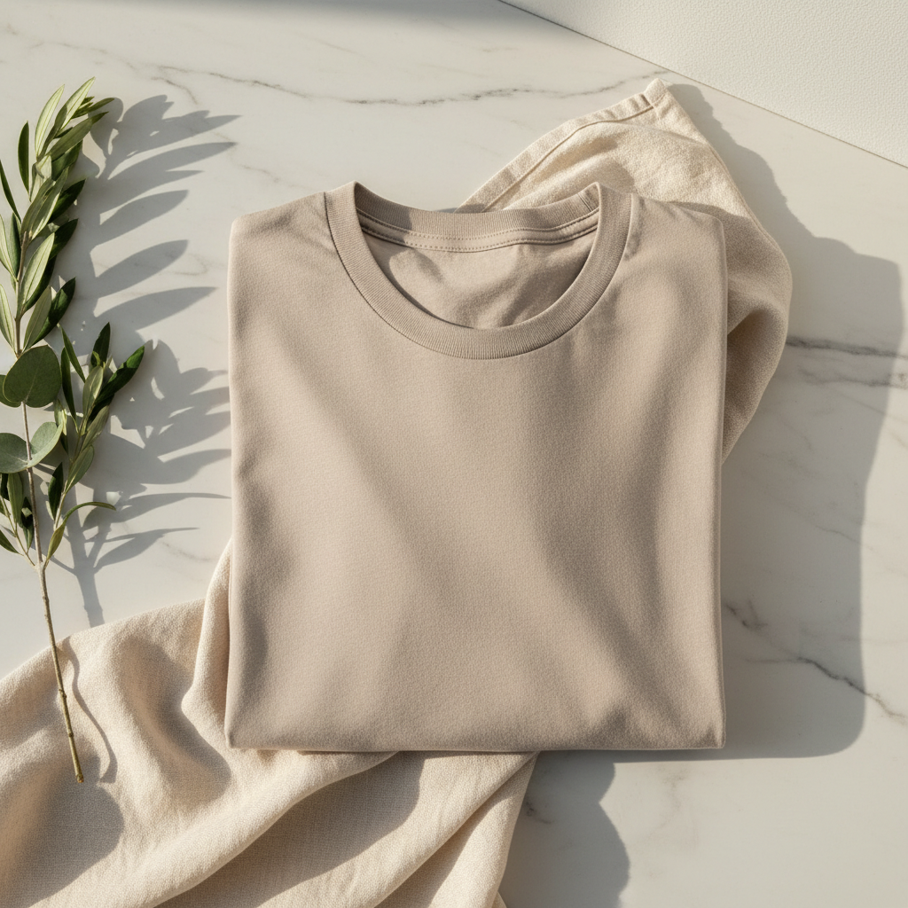 100% Cotton Solid Colour Unisex T-Shirt lifestyle flat lay on marble with green leaves and soft linen