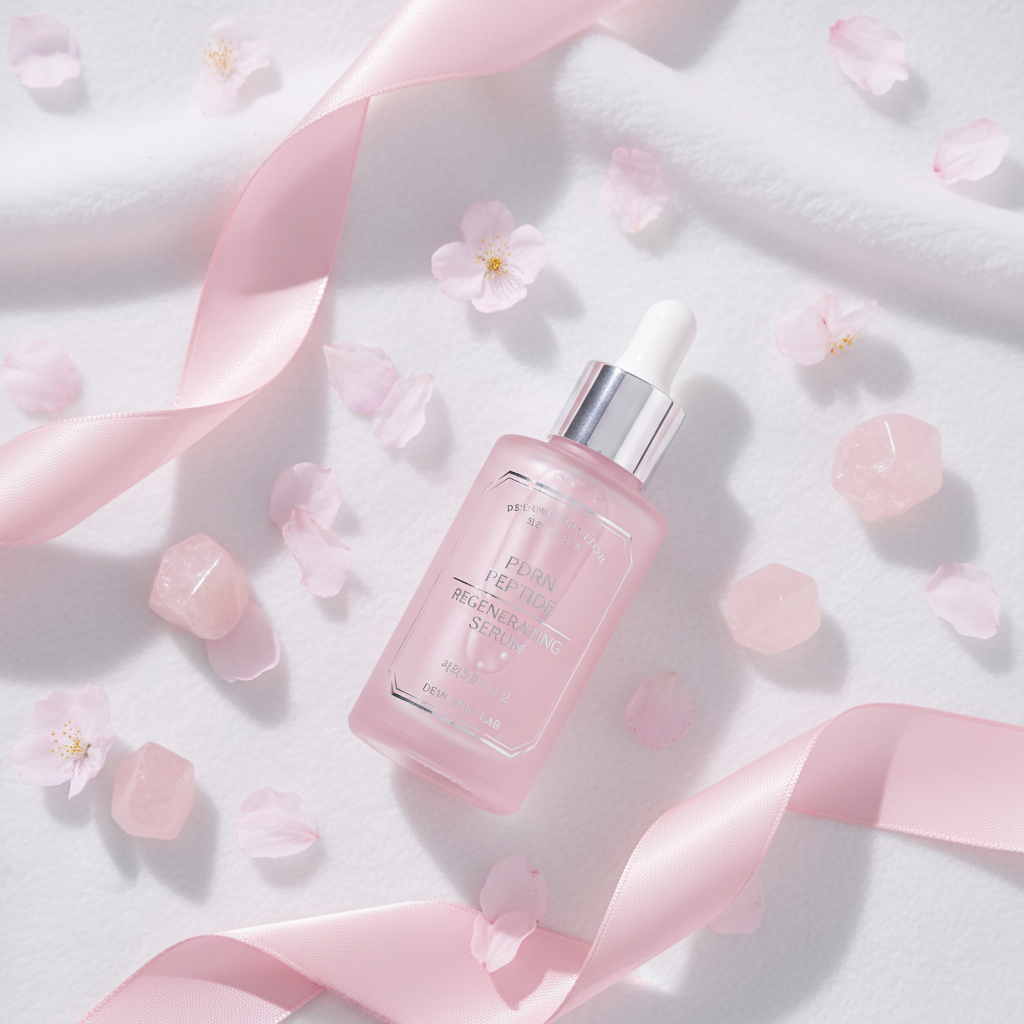 Pink Peptide PDRN Essence Serum lifestyle flat lay with sakura petals and rose quartz crystals