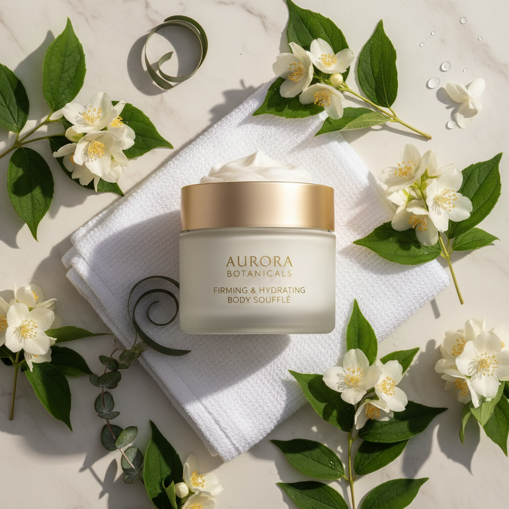 Collagen Body Lotion firming and hydration lifestyle flat lay on marble with jasmine flowers and soft towel