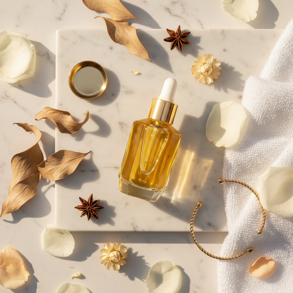 Luxury Firming Body Oil lifestyle flat lay on marble with botanicals and gold accents