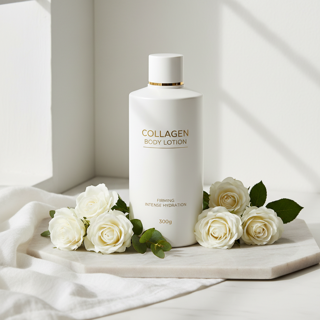 Collagen Body Lotion 300g lifestyle flat lay on marble with white flowers and green leaves