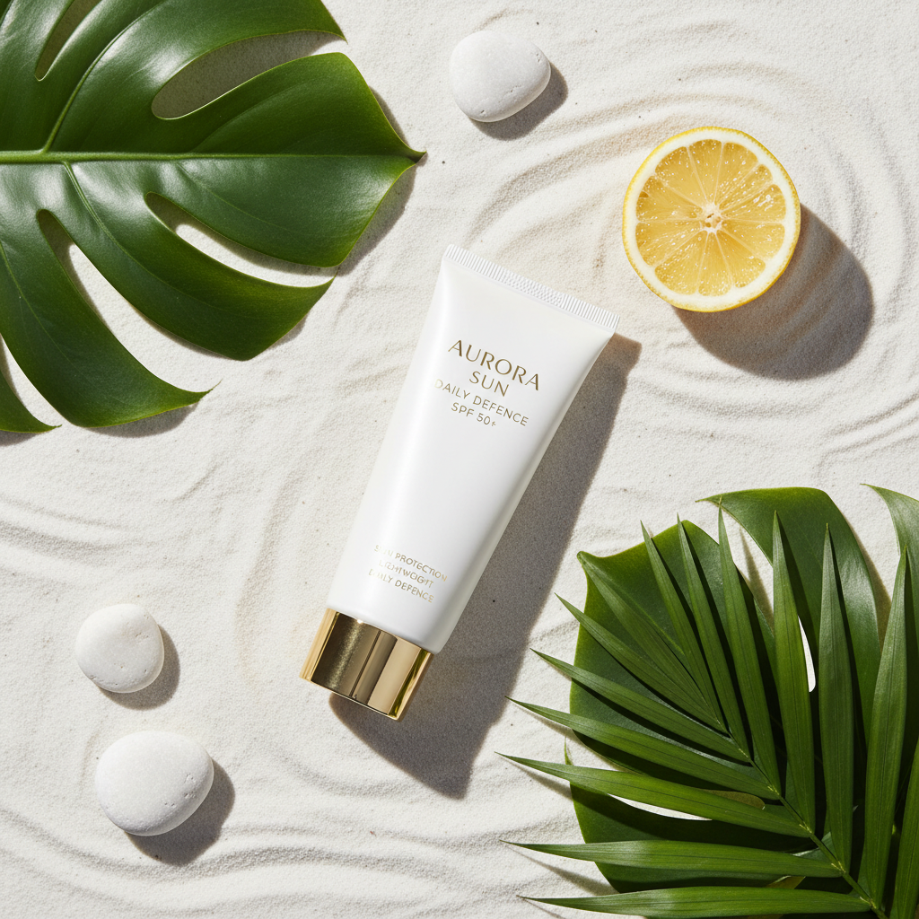 SPF 90+ Waterproof Facial Sunscreen lifestyle flat lay on sandy surface with tropical leaves and lemon