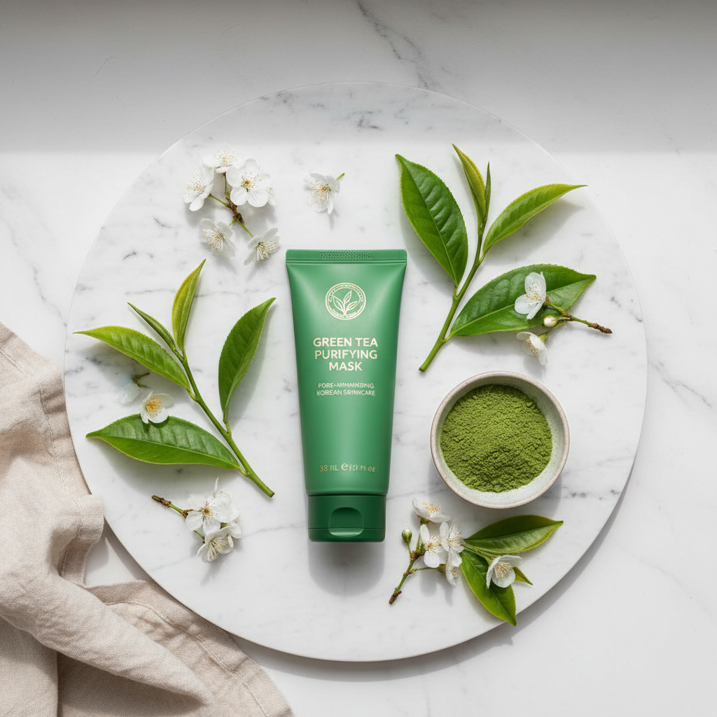 Green Tea Deep Cleansing Face Mask lifestyle flat lay on marble with fresh green tea leaves and matcha powder