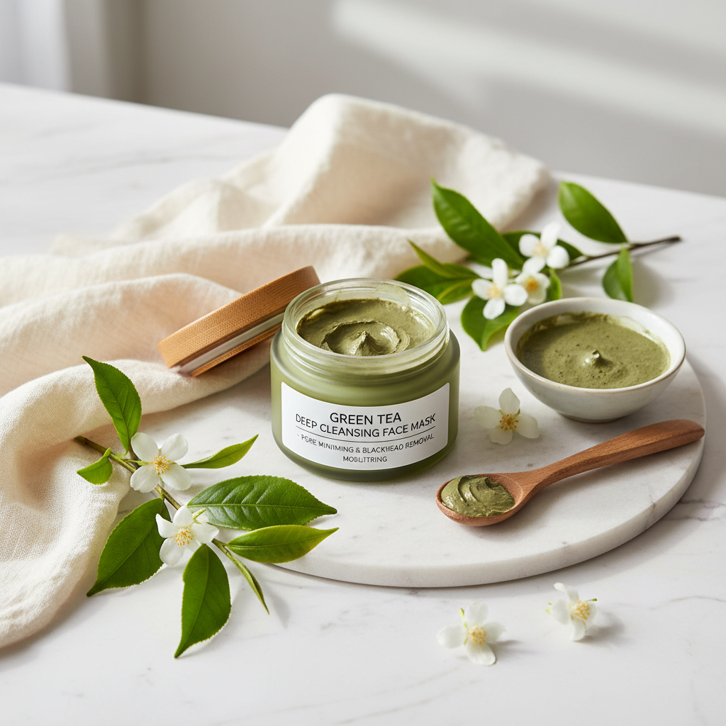 Green Tea Deep Cleansing Face Mask lifestyle flat lay on marble with green tea leaves and white flowers
