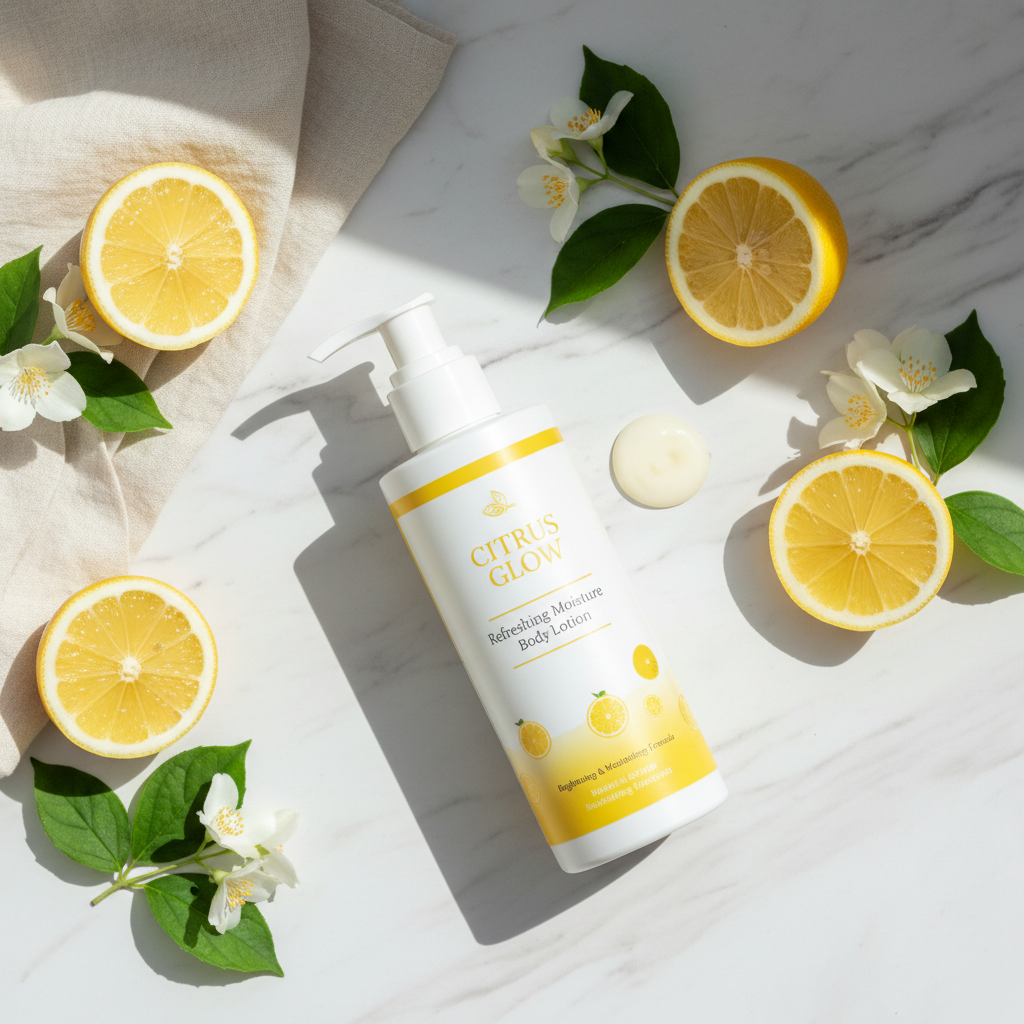 Lemon Body Lotion lifestyle flat lay on marble with fresh lemon slices and white flowers