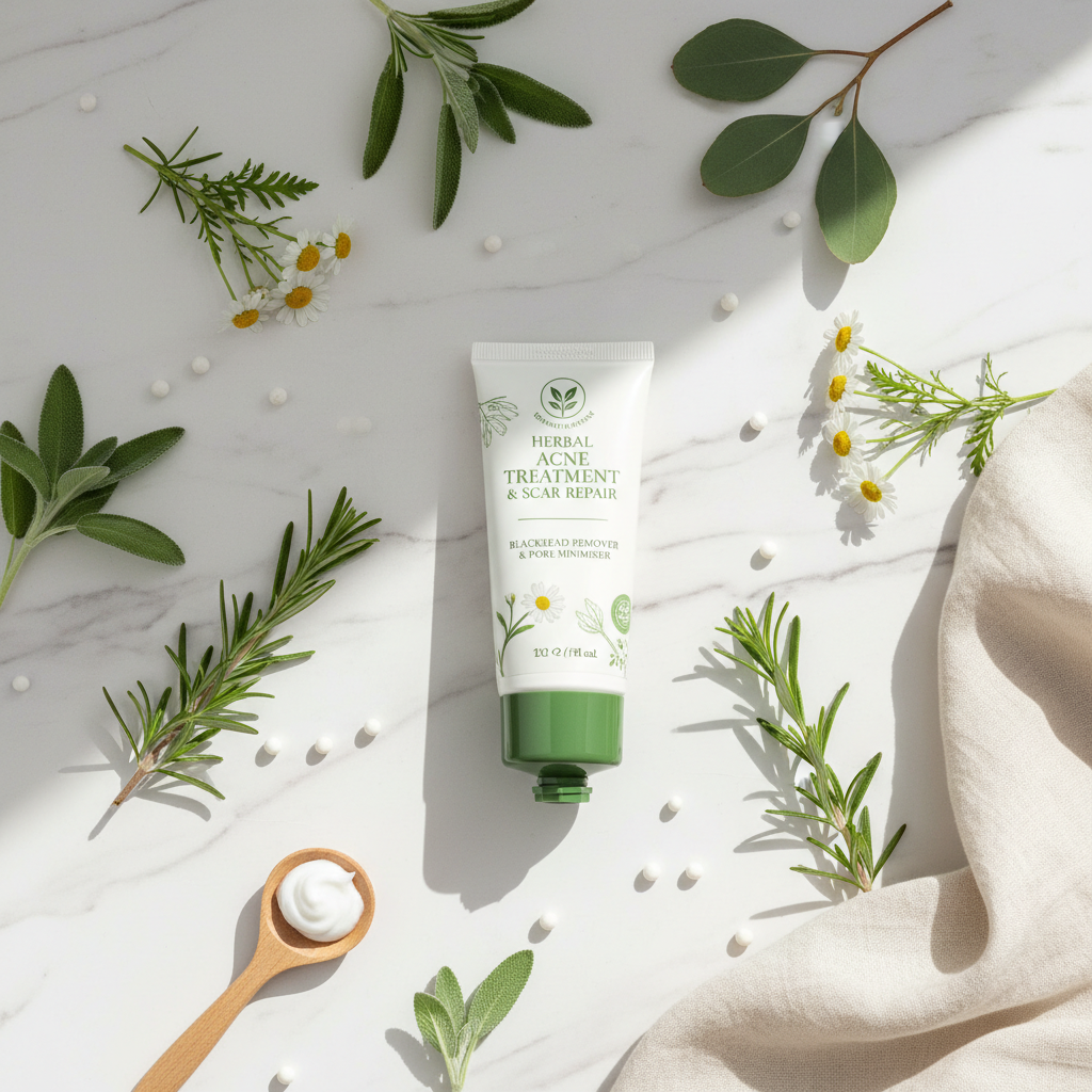 Herbal Acne Treatment Cream lifestyle flat lay on marble with herbal botanicals, green leaves and white flowers